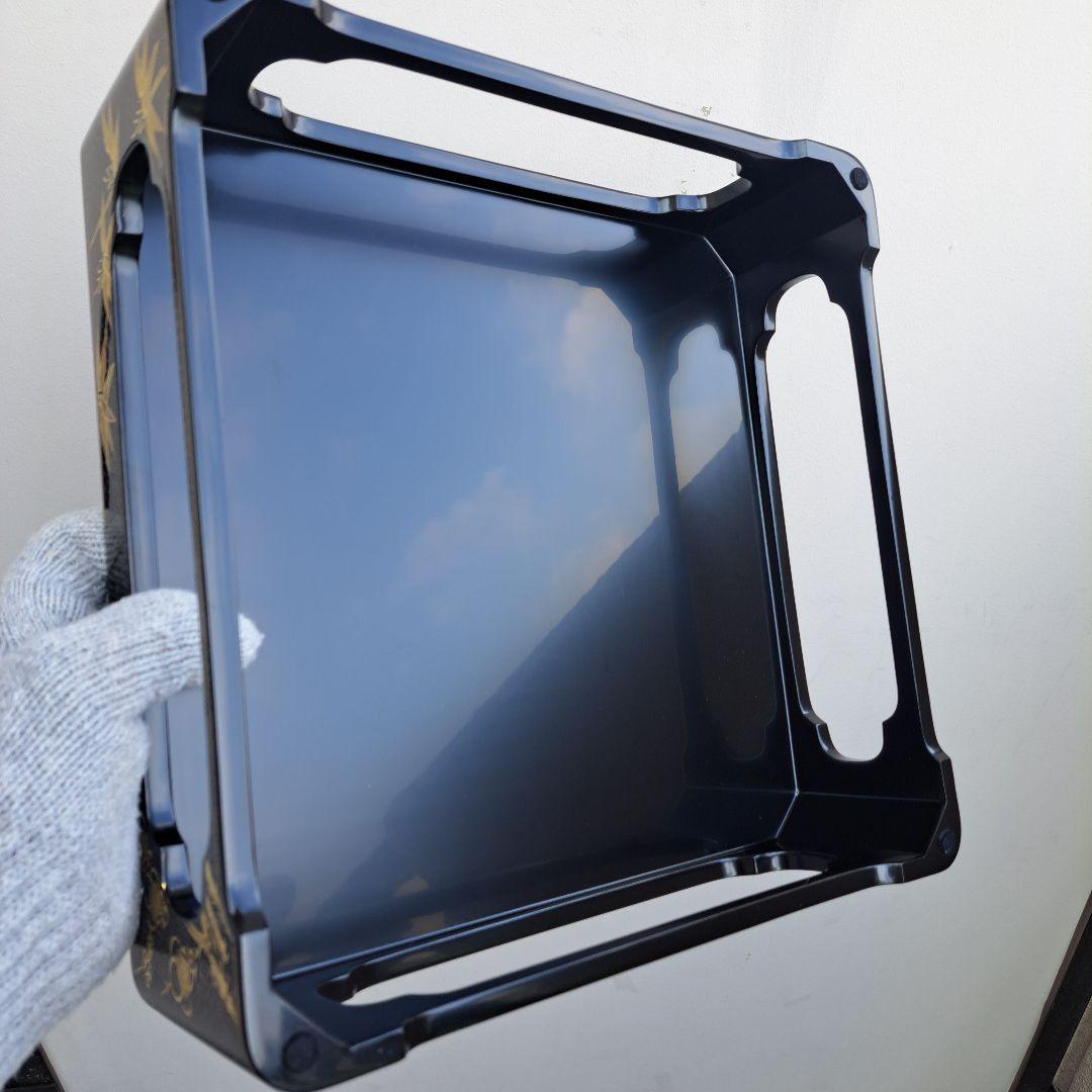 【輪島塗　7.5寸\"2段重箱&重箱台】布着本堅地　沈金\"四君子　未使用品