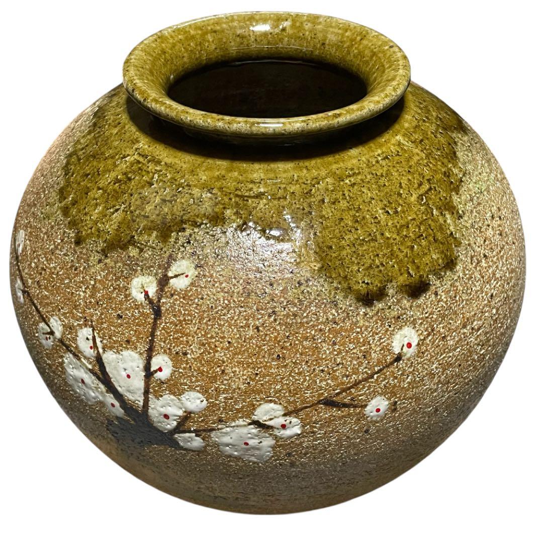 共箱付 名品 企救焼 清水窯 初代 熊谷光峯作 花瓶 壺 土味と梅文様の力作