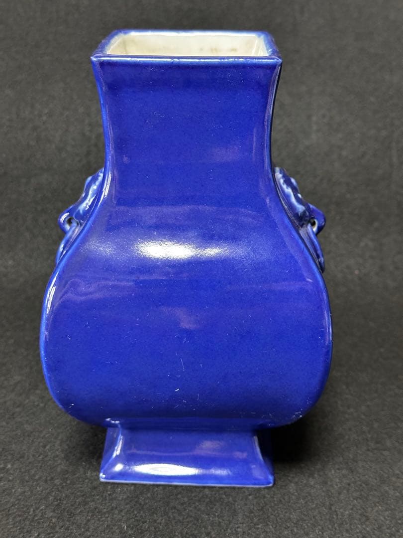 古美術 清 藍釉双耳花瓶　瑠璃釉　高さ約19.5cm 花入　中国美術