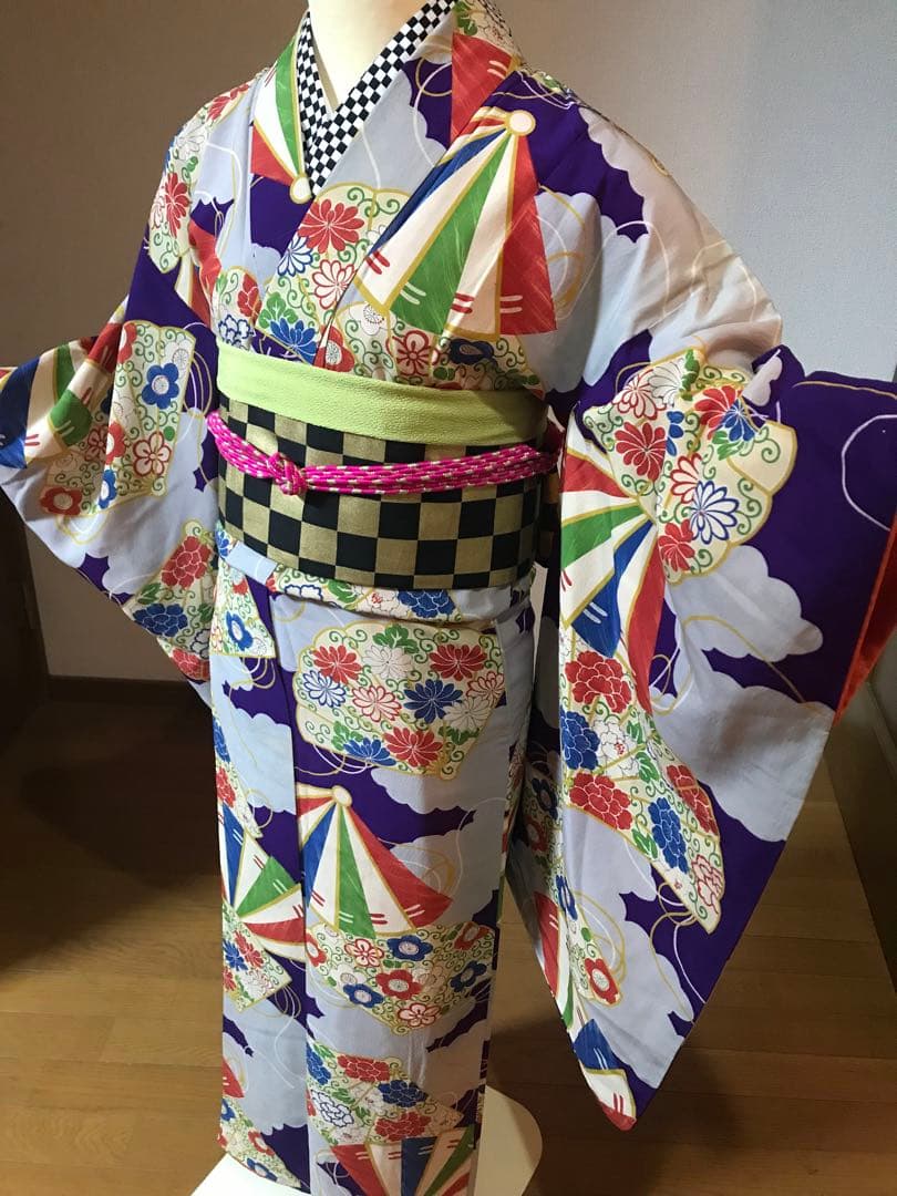 アンティーク着物　扇子　レトロな配色　大人　ジュニア　　袴にも