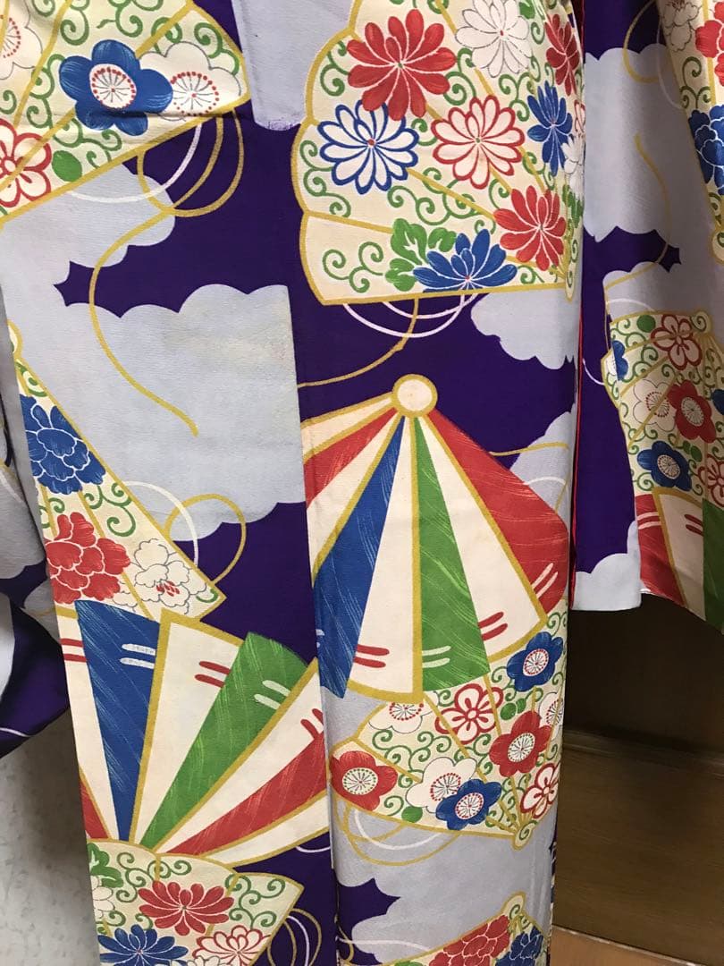 アンティーク着物　扇子　レトロな配色　大人　ジュニア　　袴にも
