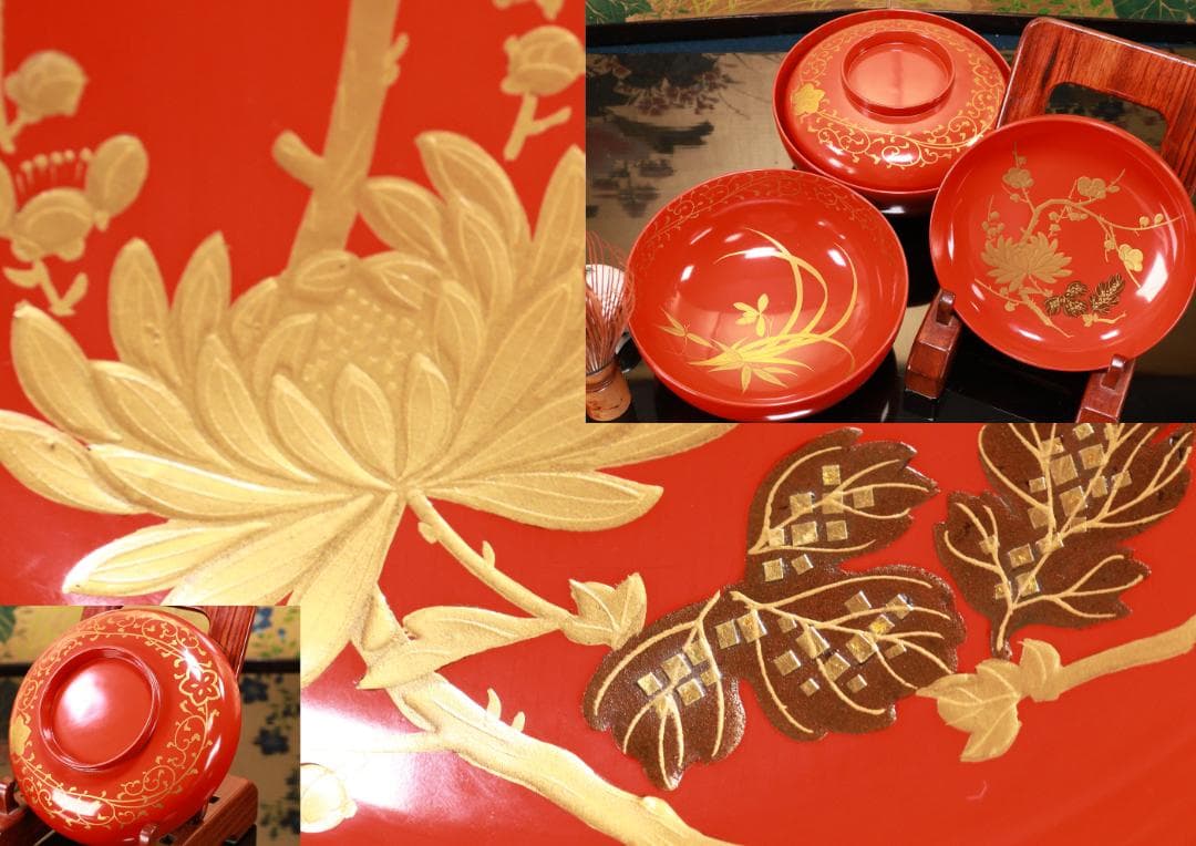 BJ121　時代輪島塗　四君子図蒔絵　吸物椀　二客　木製　茶道具 懐石 会席