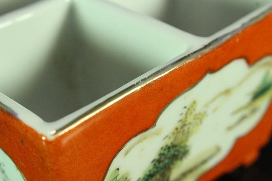 中国美術 色絵山水画 文房具 器 時代物(K-A865)