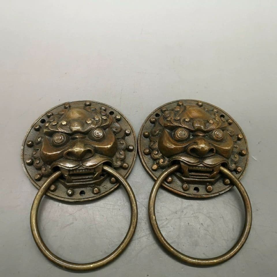 銅器 獣頭門環 獅子頭大門ノブ木戸門引環一対 装飾品 工芸品 置物