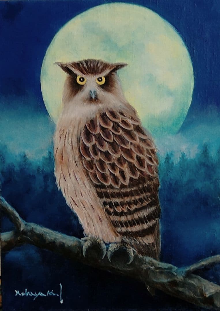 油絵　森のカムイ（シマフクロウ)Ｆ4 洋画家 池畠史幸 新作肉筆画