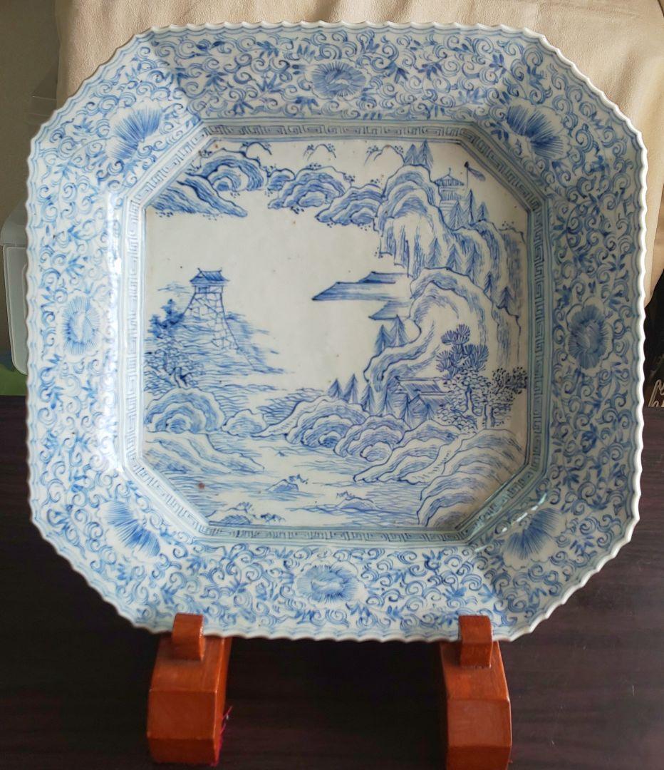 中国陶器 大明成化年製 山水図 青白磁 八角形の風景大皿