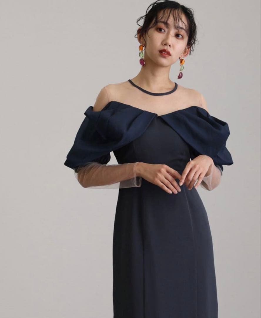 ネイビー オフショルダー パーティードレス