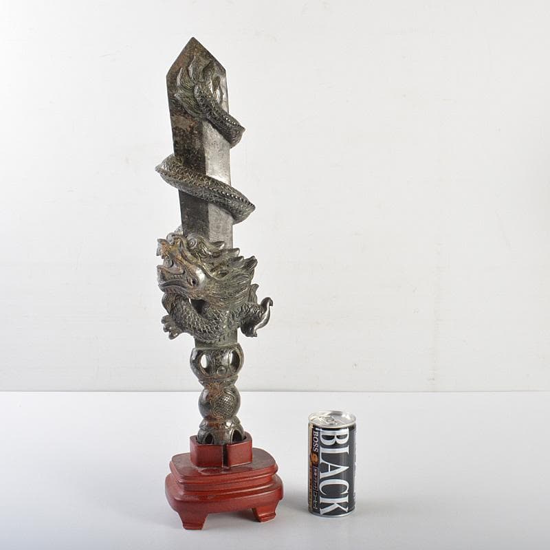 玉石彫刻　龍神　具利伽羅大龍　不動明王　約2kg　唐木台付　V　R7519