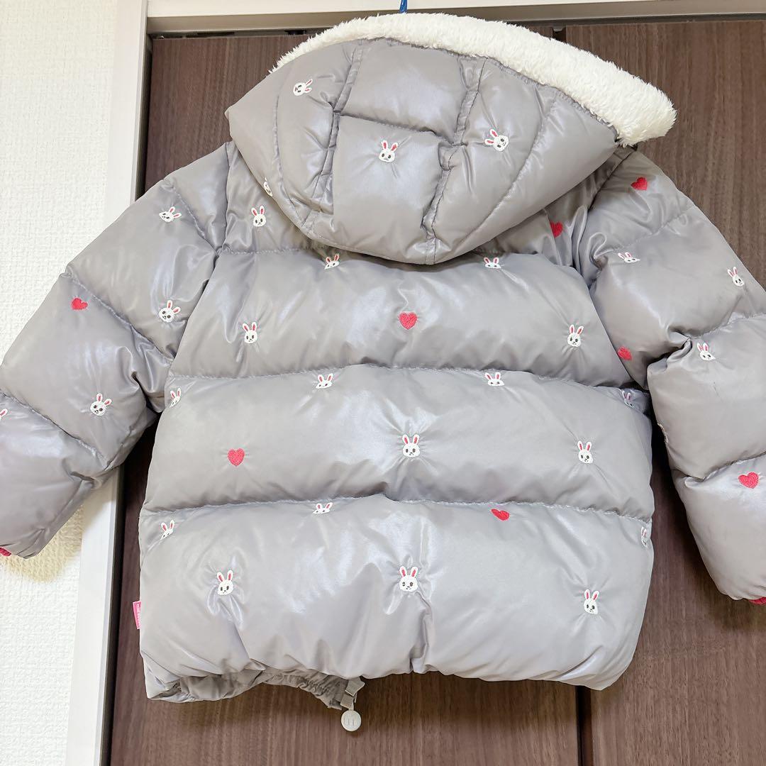 ミキハウス　ダウン　90 美品　総柄　刺繍　うさこちゃん　グレー　フード　ファー