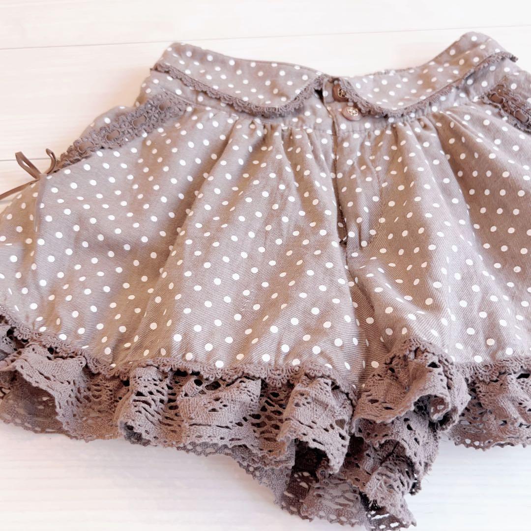リズリサ ダークブラウン ドット柄 レースフリル キュロット