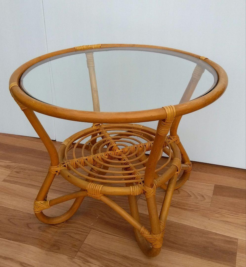 昭和レトロ ヴィンテージ ラタン　ガラステーブル　台湾製籐家具