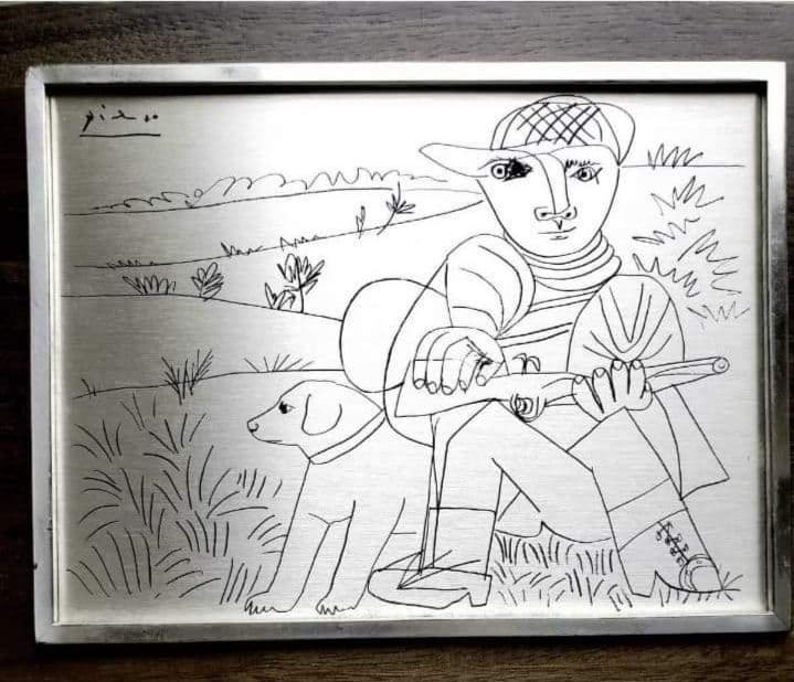 安心の本物保証。PABLOPICASSO作「狩人」ピカソ、純銀製、相続人承諾書、