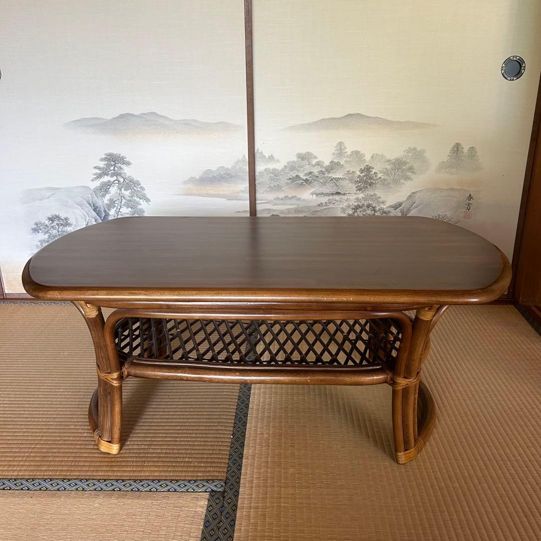 木製楕円形座卓 ラタン 籐 テーブル アンティーク家具