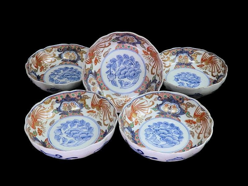 古伊万里　色絵　鳳凰に牡丹の図　膾皿　５客　C380AS-CZf