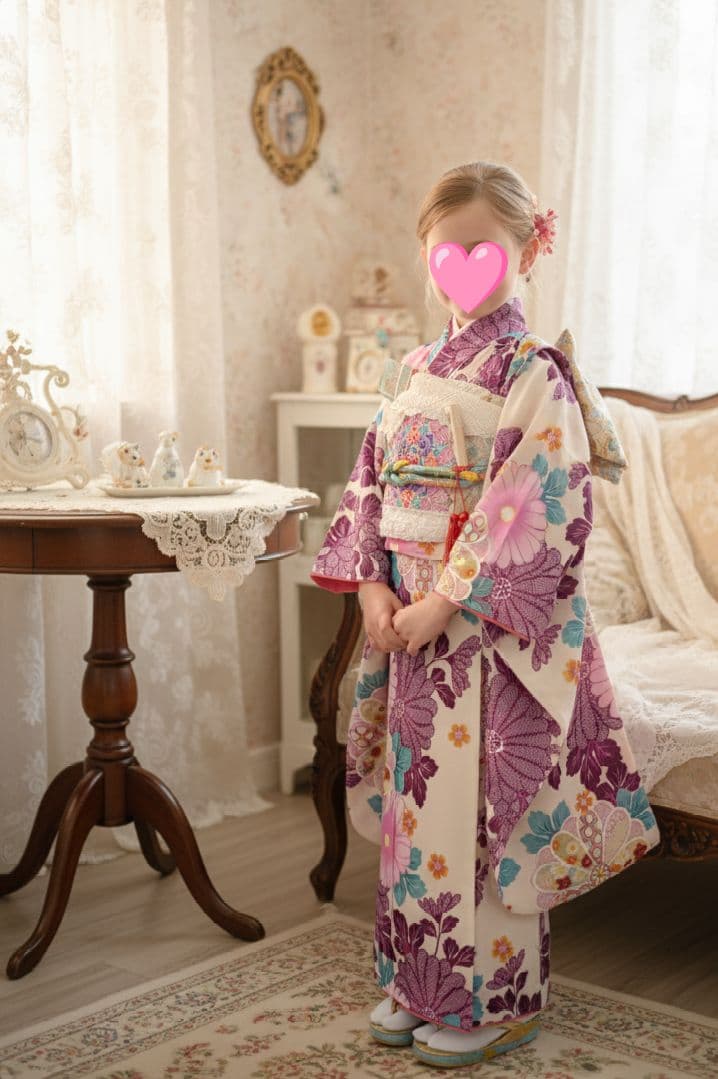 新品着物☆クリーム色大きな花模様着物☆作り帯フルセット