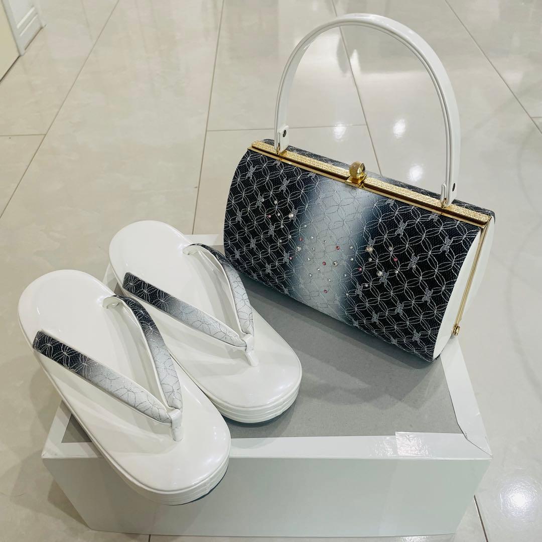 和装用 バッグ・草履（Lサイズ）セット（濃紺・ホワイト）シルバーレース 成人式