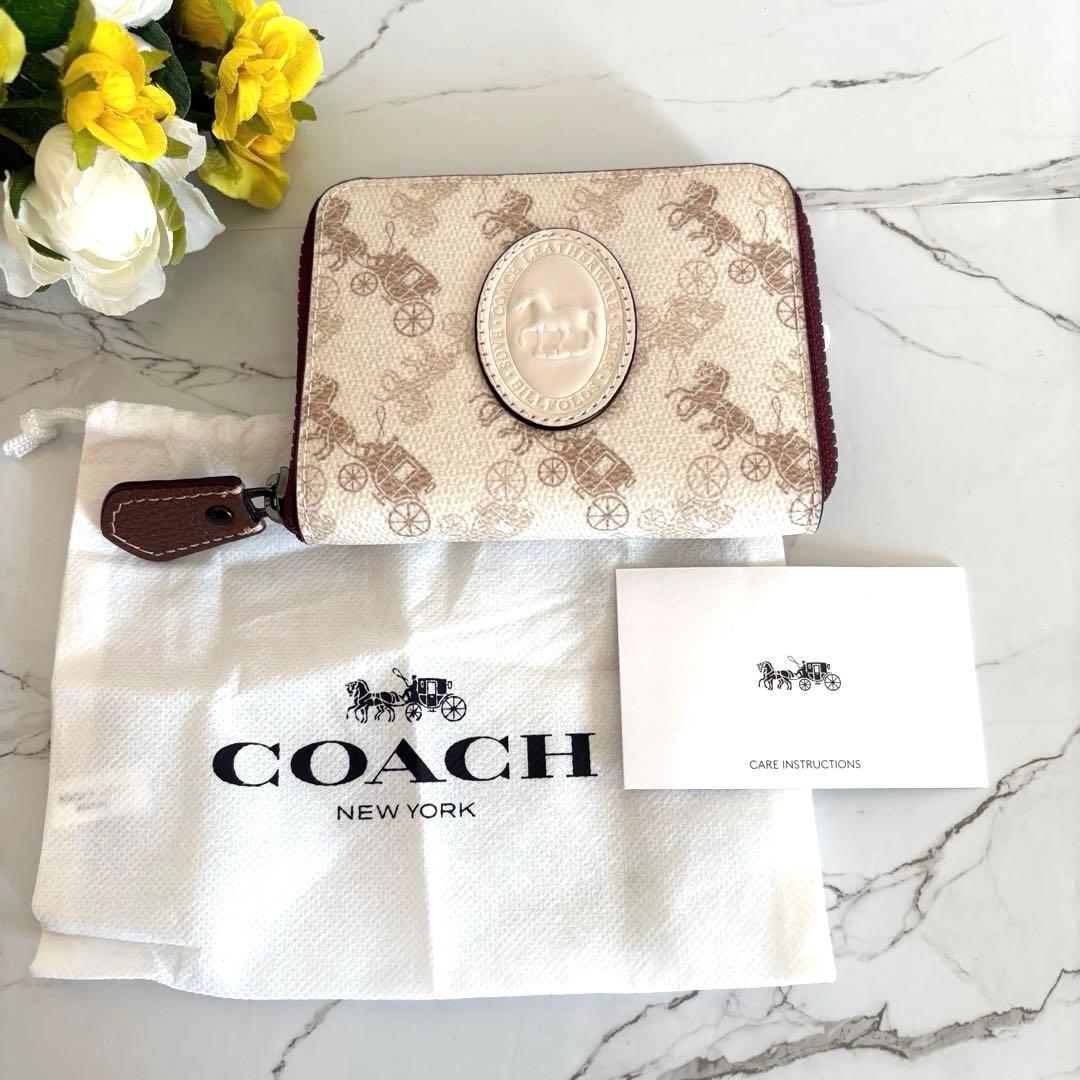 極美品⭐︎COACH コーチ⭐︎馬車デザイン 二つ折り財布 ベージュ×ブラウン