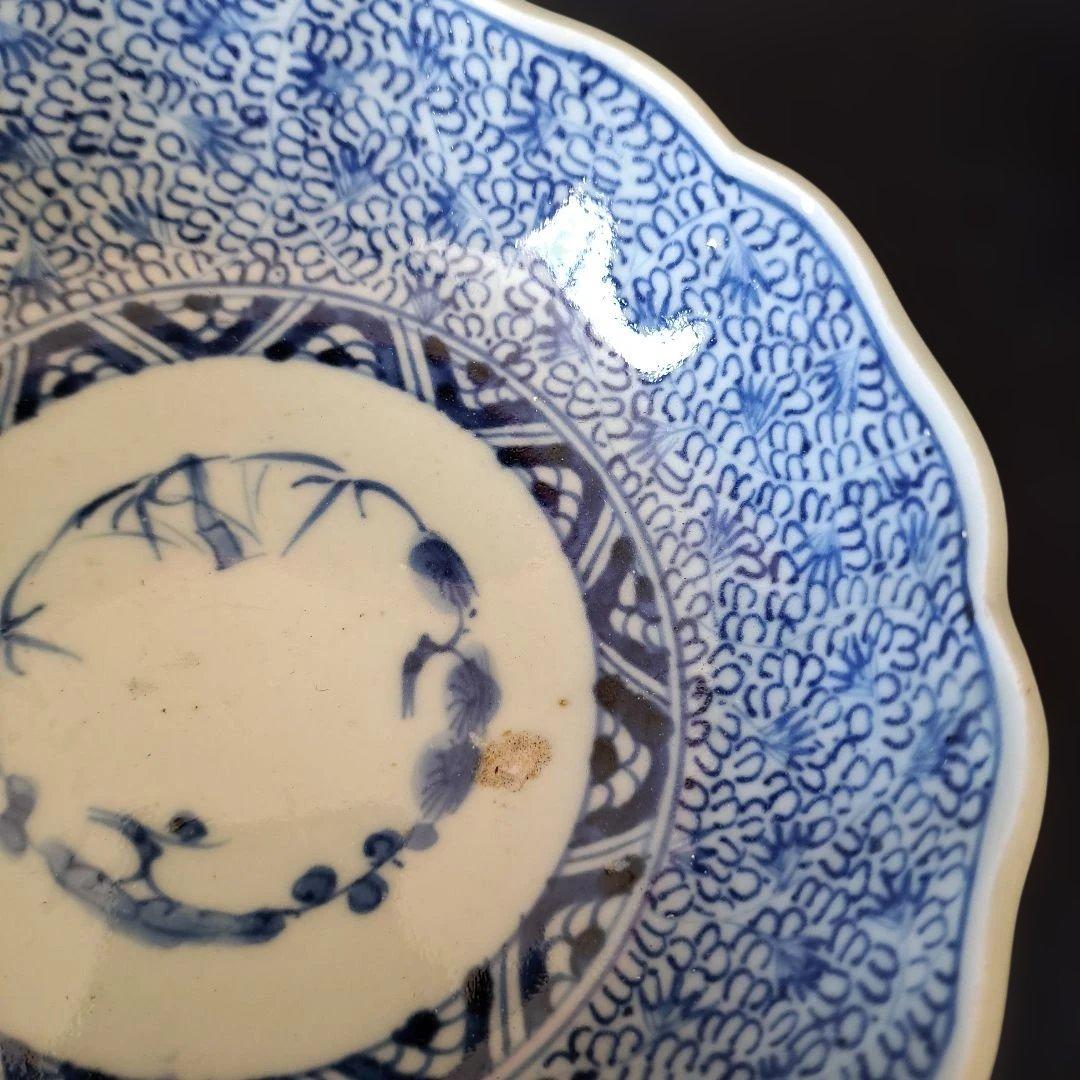 「人気の微塵(みじん)唐草文」 古伊万里皿(直径15.5cm) 3客セット 骨董