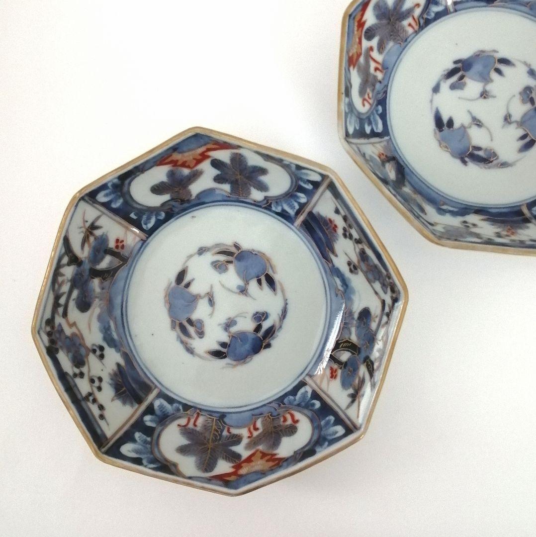 古伊万里　角福　色絵　若松　松竹梅に桃図　八角　なます皿　２客