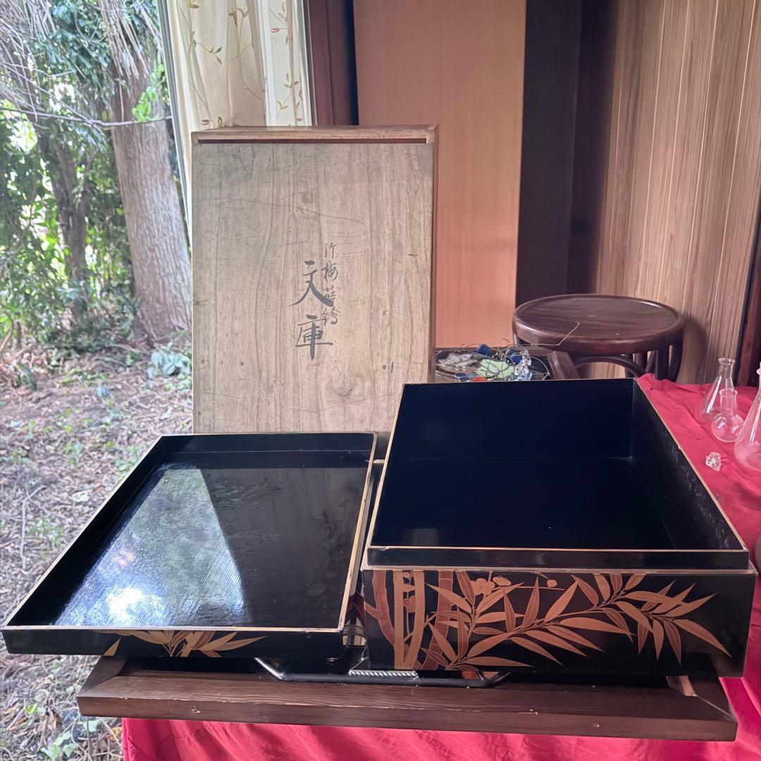 新春特別価格 ‼️JAPAN蒔絵天然木本漆 竹梅蒔絵　文箱料紙箱桐箱黄布付1客