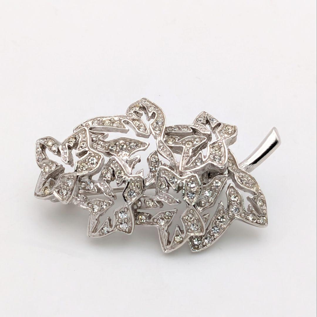 ディオール Dior ヴィンテージ リーフ ラインストーン シルバー ブローチ