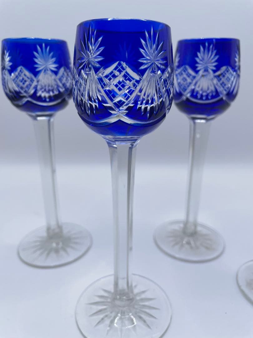 コバルトブルー カットクリスタル ステムグラス 4個セット