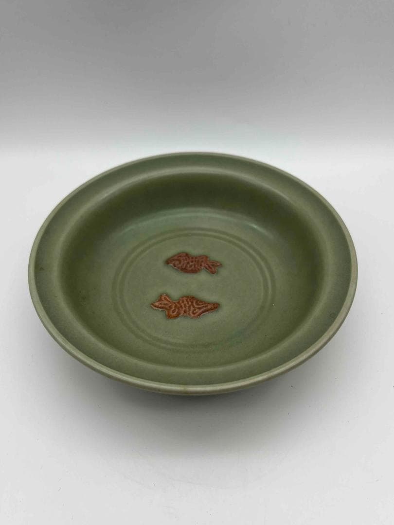 南宋時代　青磁　龍泉窯双魚盤　青磁皿　唐物　古賞物　時代物　(A-72)