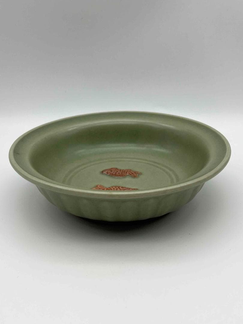 南宋時代　青磁　龍泉窯双魚盤　青磁皿　唐物　古賞物　時代物　(A-72)