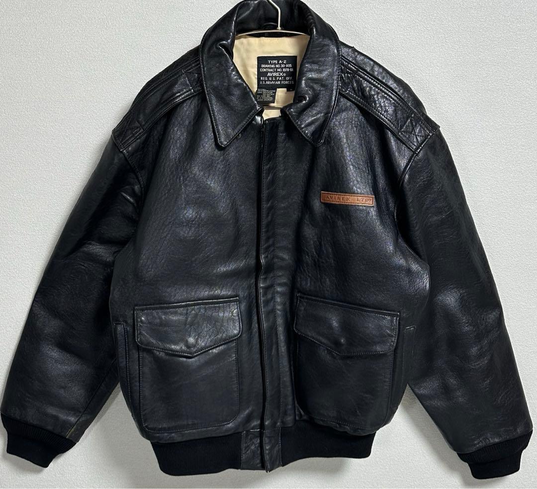 名作 AVIREX ブラック 黒 A2 A-2 フライトレザージャケット