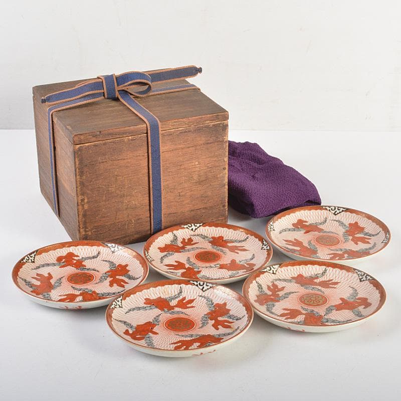 りんぞう　赤絵八郎手　金魚文　手塩皿　小皿　五客　時代箱　D　R7514