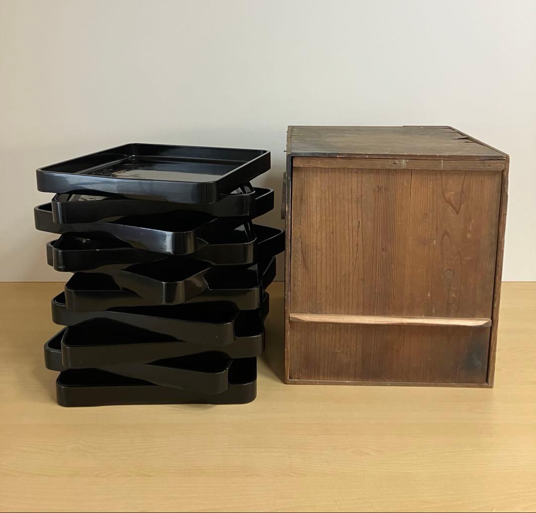 【茶道具 懐石膳 木製黒塗 沈金 山水蒔絵 10枚揃 四方膳 】天然木製 懐石盆