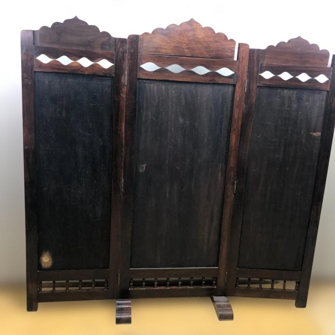 昭和52年製 木象嵌 三連衝立 松に孔雀 瑞鳥 神戸税関検査印 260117-1