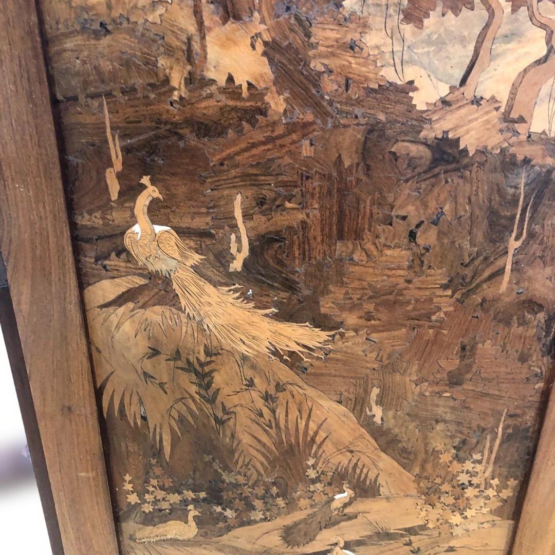 昭和52年製 木象嵌 三連衝立 松に孔雀 瑞鳥 神戸税関検査印 260117-1