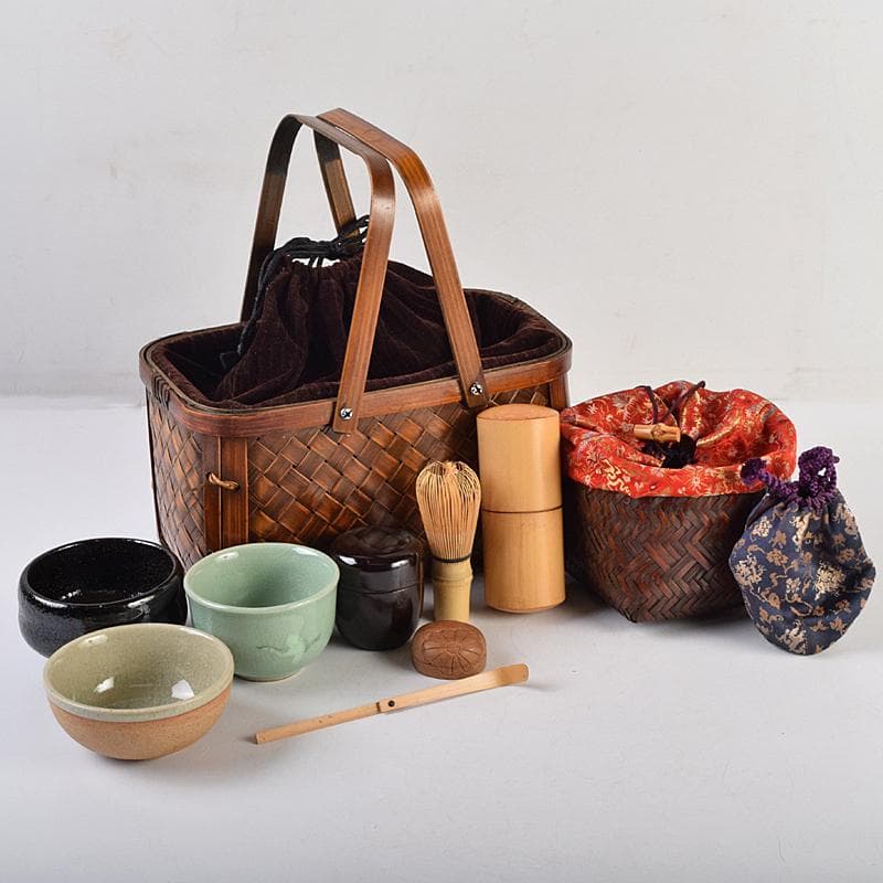 茶道具　御所篭　茶籠　黒楽茶碗　棗など　八点　一式　仕覆付　M　R9459