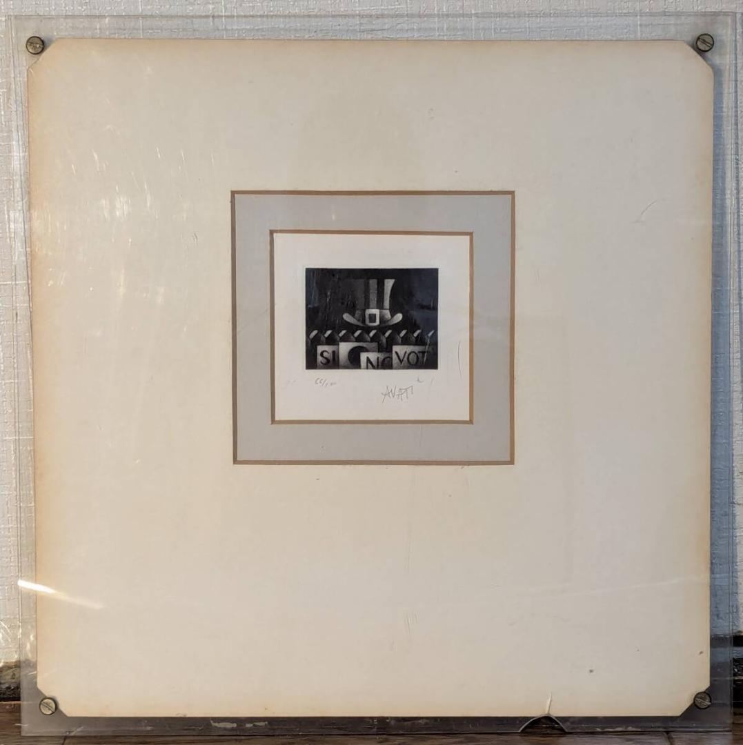 【真作】版画　銅版画　現代銅版画　記号と沈黙の構成　抽象画　アクリル額　Y15