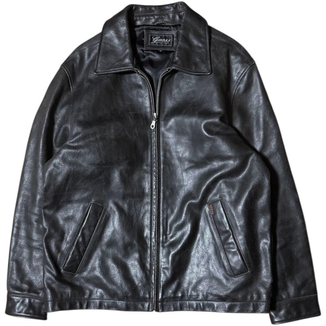 雰囲気抜群 GUESS 本革 襟付き レザージャケット ブラック Mサイズ