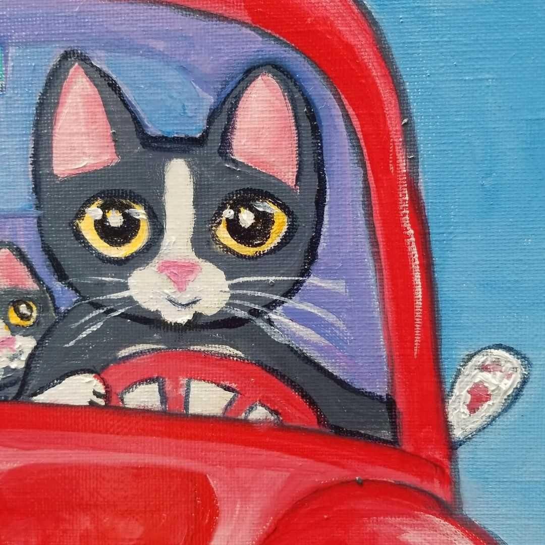 油絵　専用　ドライブに出発する猫の家族