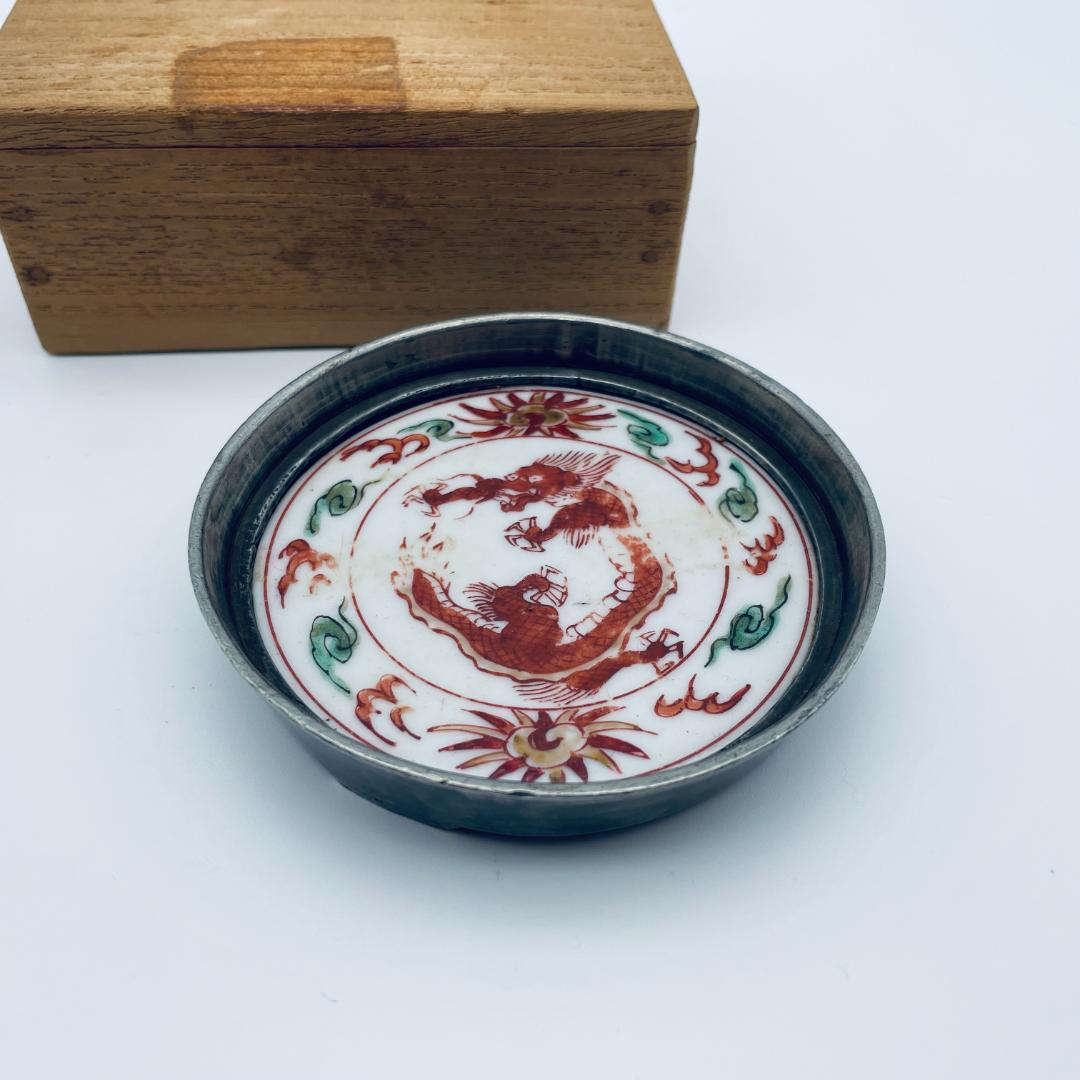 【明】五彩 龍紋包錫 茶托 共仕覆 景徳鎮 中国美術 中国古玩