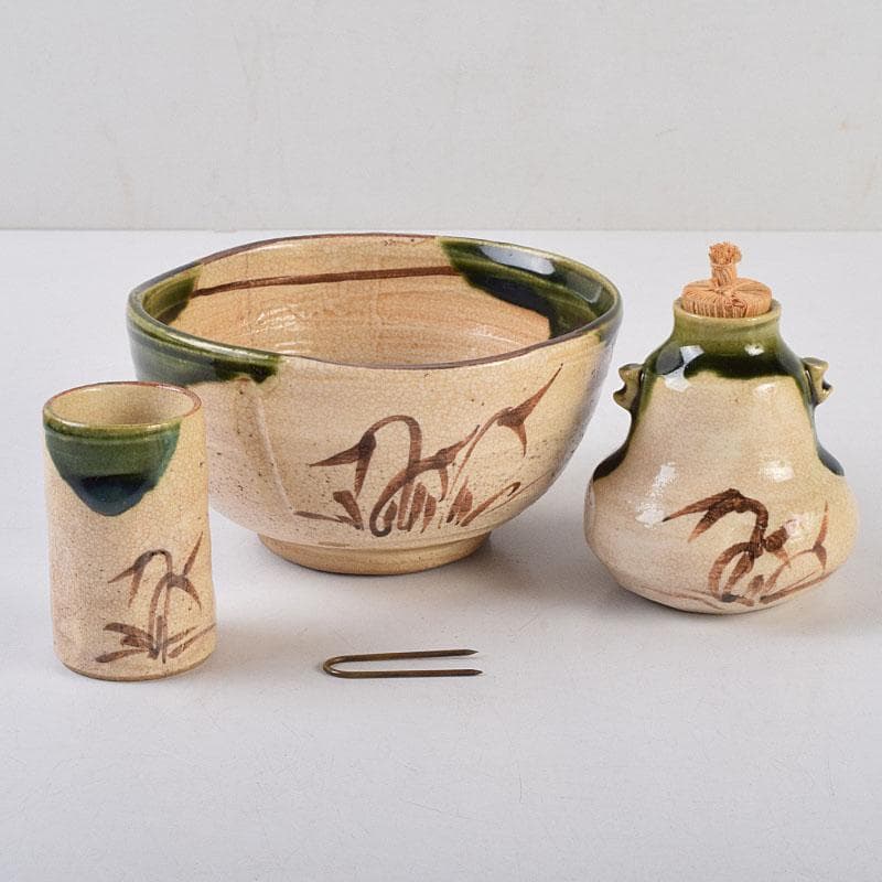 茶道具　鎌倉彫　利休茶箱　織部焼　茶碗　巾筒など　九点　一式　M　R9299