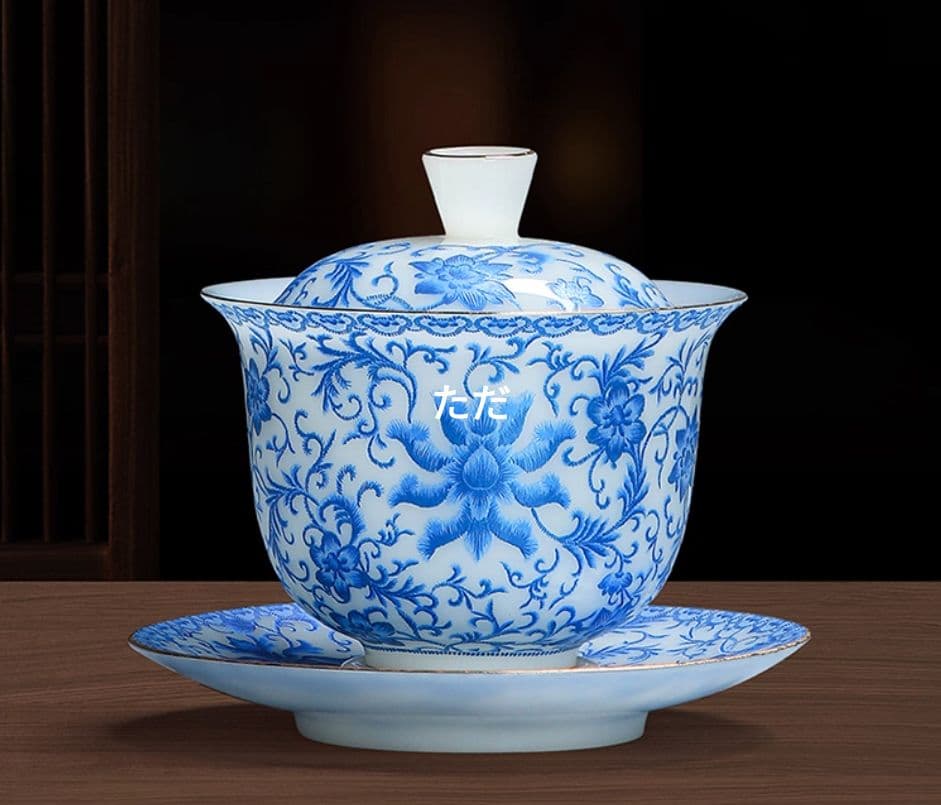 中国茶器 磁器 纏枝蓮三才蓋碗 茶碗 茶道具 新品未使用