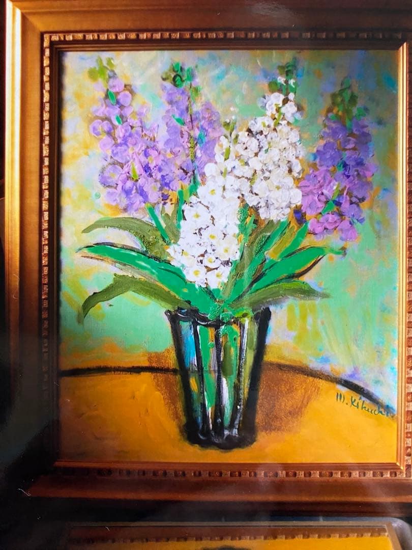 絵画　油絵　油彩画　「ストック」F12 菊地正則　美品　額付き　装飾品　送料無料