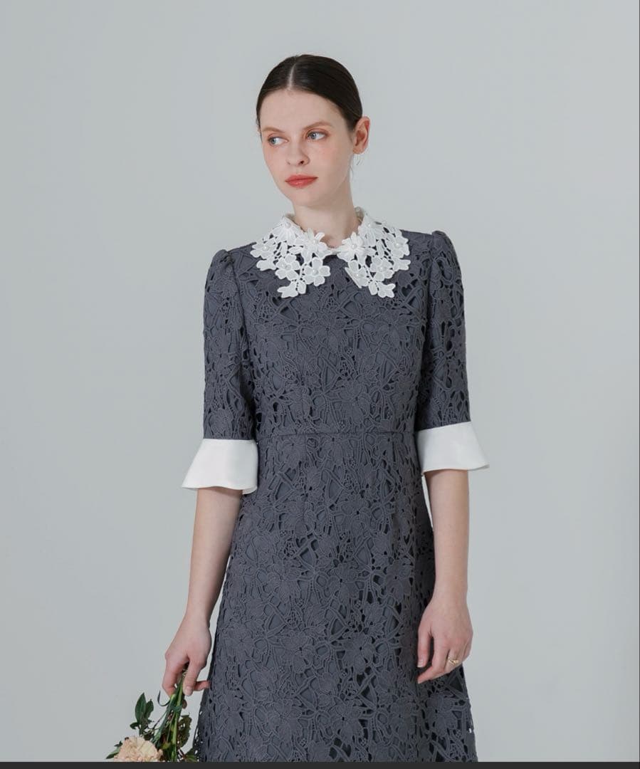 【LEJA】花柄レースカラースパンコール刺繍Aラインフレアドレスワンピース