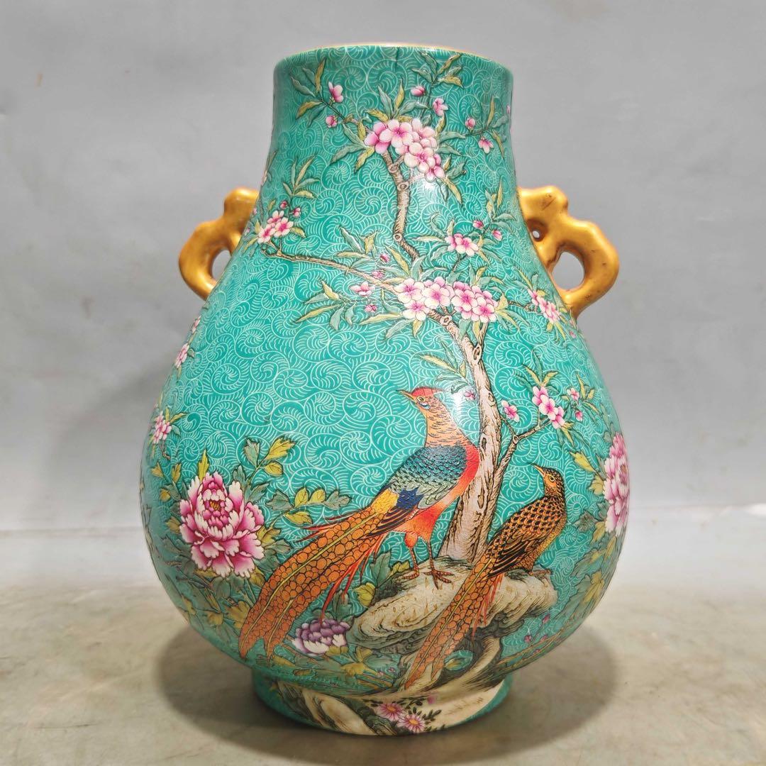 美術品　置物　粉彩雙耳尊　「乾隆御製」銘