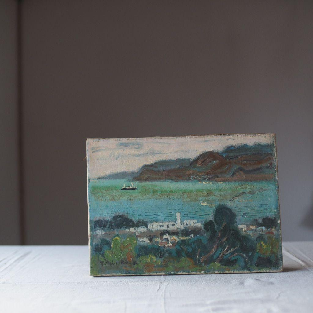 海と山の風景 油彩画 古道具