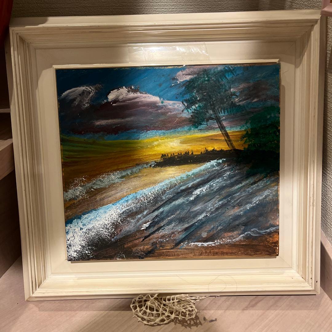 油彩画 海と空の風景 ホワイトフレーム　アクリル