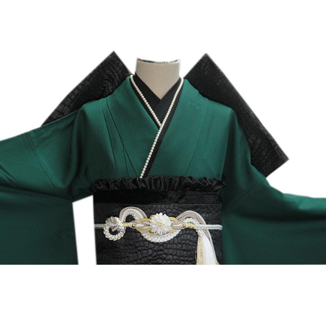 人気！深緑無地振袖＆帯黒色新品2点セット 正絹ヴィンテージ 成人式 KM55