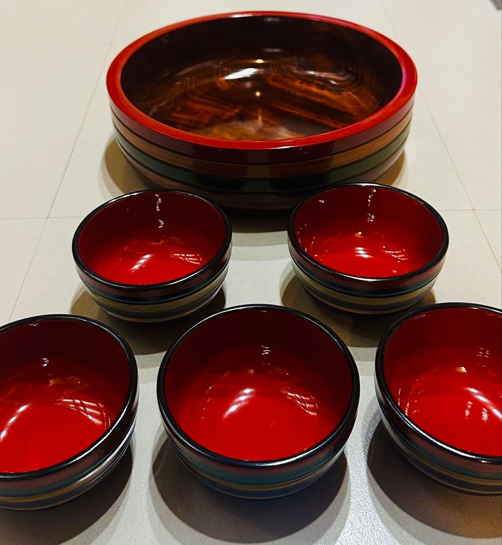 【新品未使用】讃岐彫 香川の漆器『独楽塗（こまぬり）の栞』 鉢1個 椀5個セット