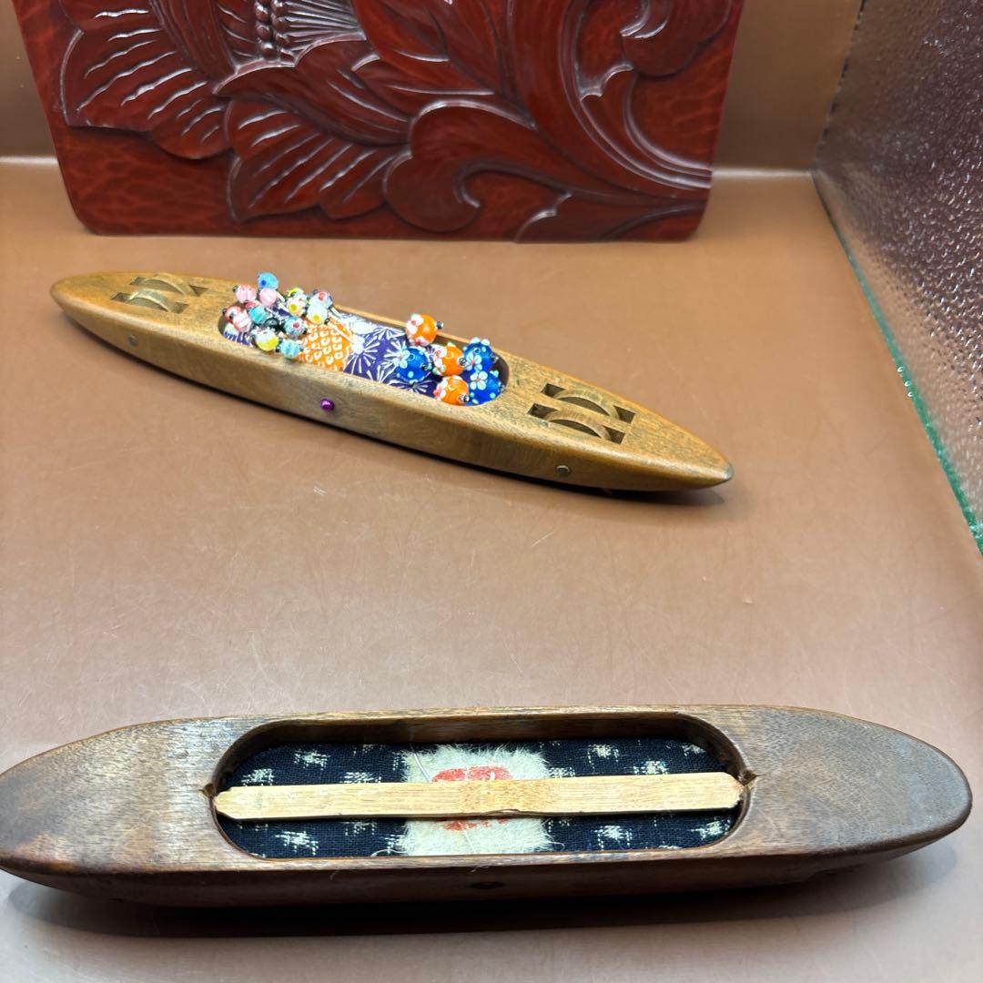 鎌倉彫　文庫箱　織り機の杼(ひ)で作った針山セット