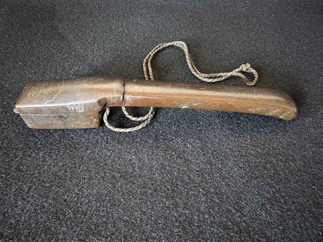 古銅 矢立 銀象嵌 牡丹図　書道具 筆入れ アンティーク 時代物　⑦