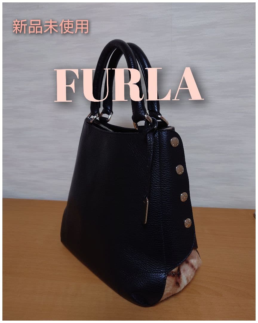 新品未使用　FURLA　フルラ　ハラコ　2way ハンド　ブラック☓レオパード